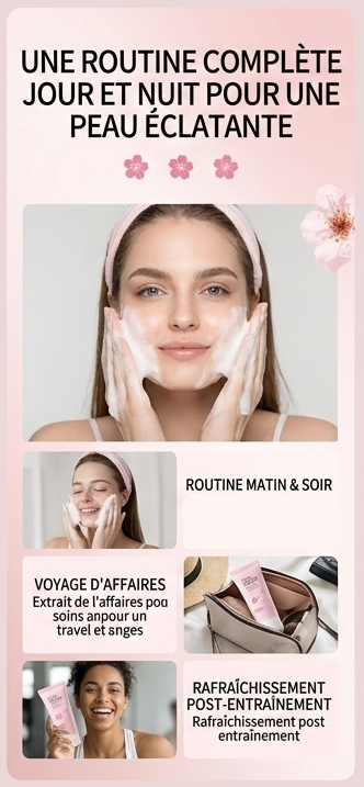 Routine de soins avec le nettoyant Japan Sakura : idéal pour le matin, le soir, en voyage ou pour se rafraîchir après le sport.